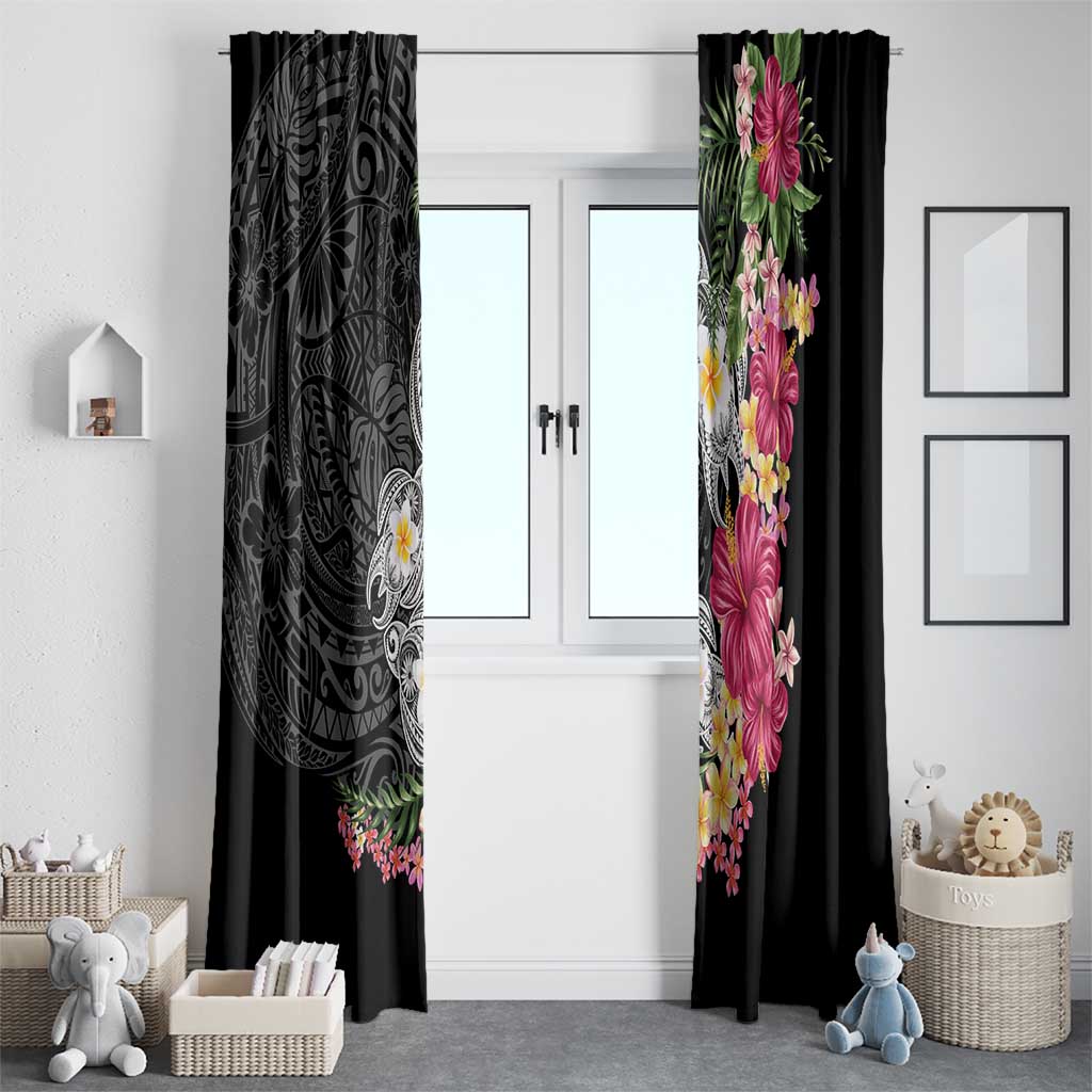 Hawaiian Tropical Flowers and Tribal Turtles Window Curtain Polynesian Art Motifs Black Color LT03 - Polynesian Pride