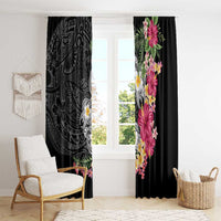 Hawaiian Tropical Flowers and Tribal Turtles Window Curtain Polynesian Art Motifs Black Color LT03 - Polynesian Pride