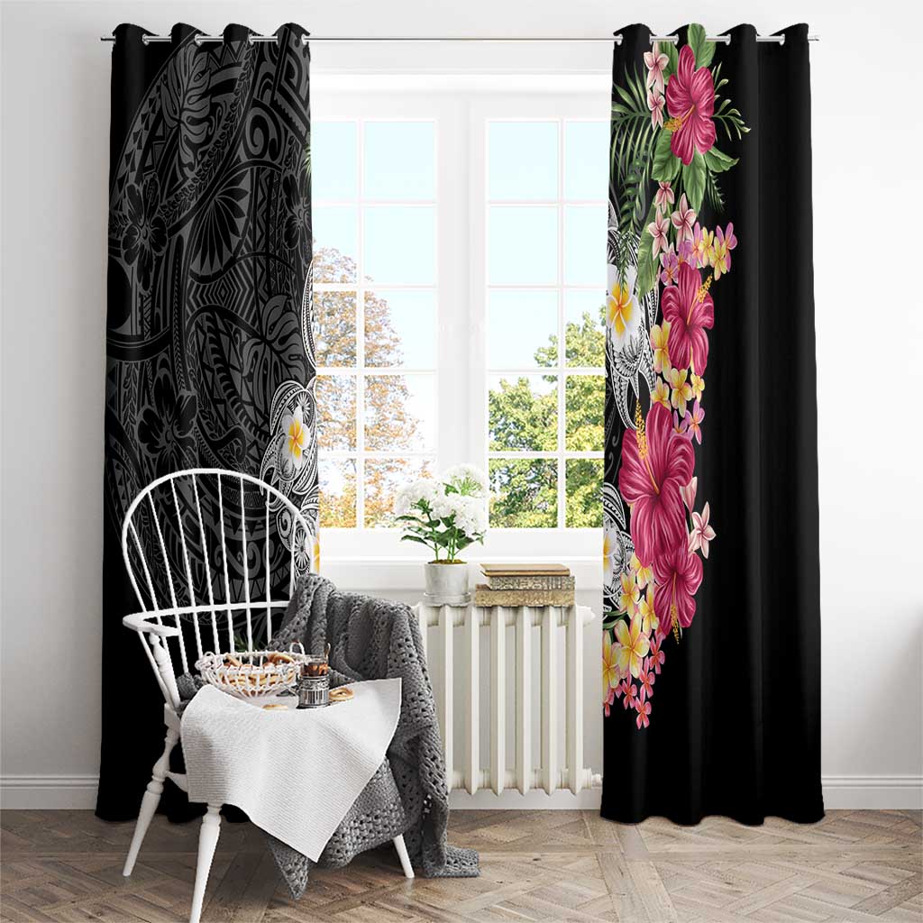 Hawaiian Tropical Flowers and Tribal Turtles Window Curtain Polynesian Art Motifs Black Color LT03 - Polynesian Pride