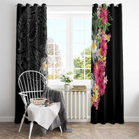 Hawaiian Tropical Flowers and Tribal Turtles Window Curtain Polynesian Art Motifs Black Color LT03 - Polynesian Pride