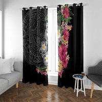 Hawaiian Tropical Flowers and Tribal Turtles Window Curtain Polynesian Art Motifs Black Color LT03 With Grommets Black - Polynesian Pride