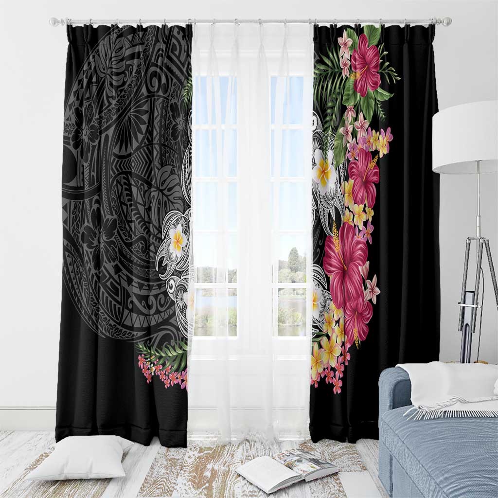 Hawaiian Tropical Flowers and Tribal Turtles Window Curtain Polynesian Art Motifs Black Color LT03 - Polynesian Pride