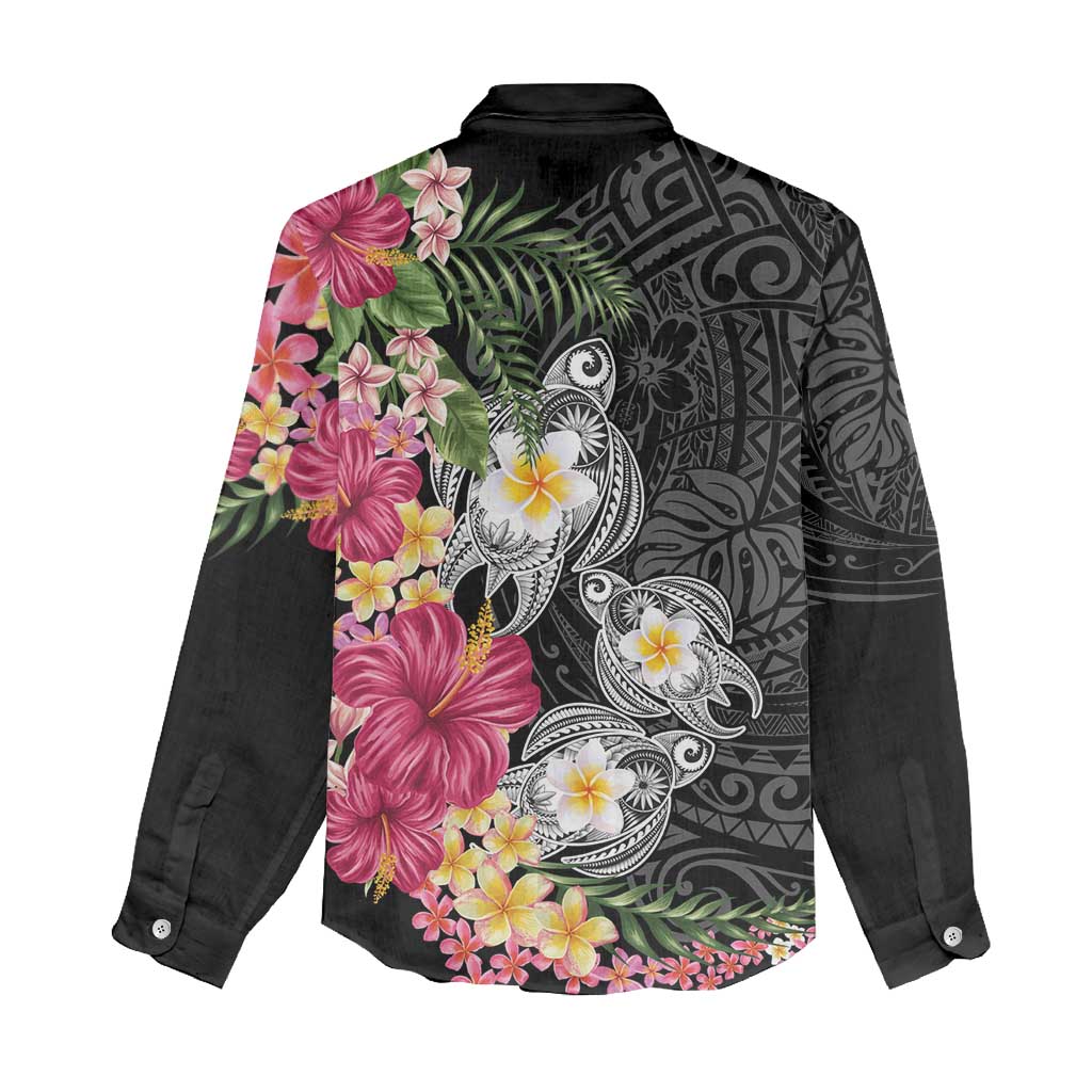 Hawaiian Tropical Flowers and Tribal Turtles Women Casual Shirt Polynesian Art Motifs Black Color LT03 - Polynesian Pride