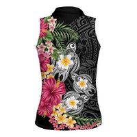 Hawaiian Tropical Flowers and Tribal Turtles Women Sleeveless Polo Shirt Polynesian Art Motifs Black Color LT03 - Polynesian Pride