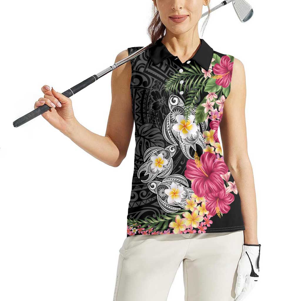 Hawaiian Tropical Flowers and Tribal Turtles Women Sleeveless Polo Shirt Polynesian Art Motifs Black Color LT03 - Polynesian Pride