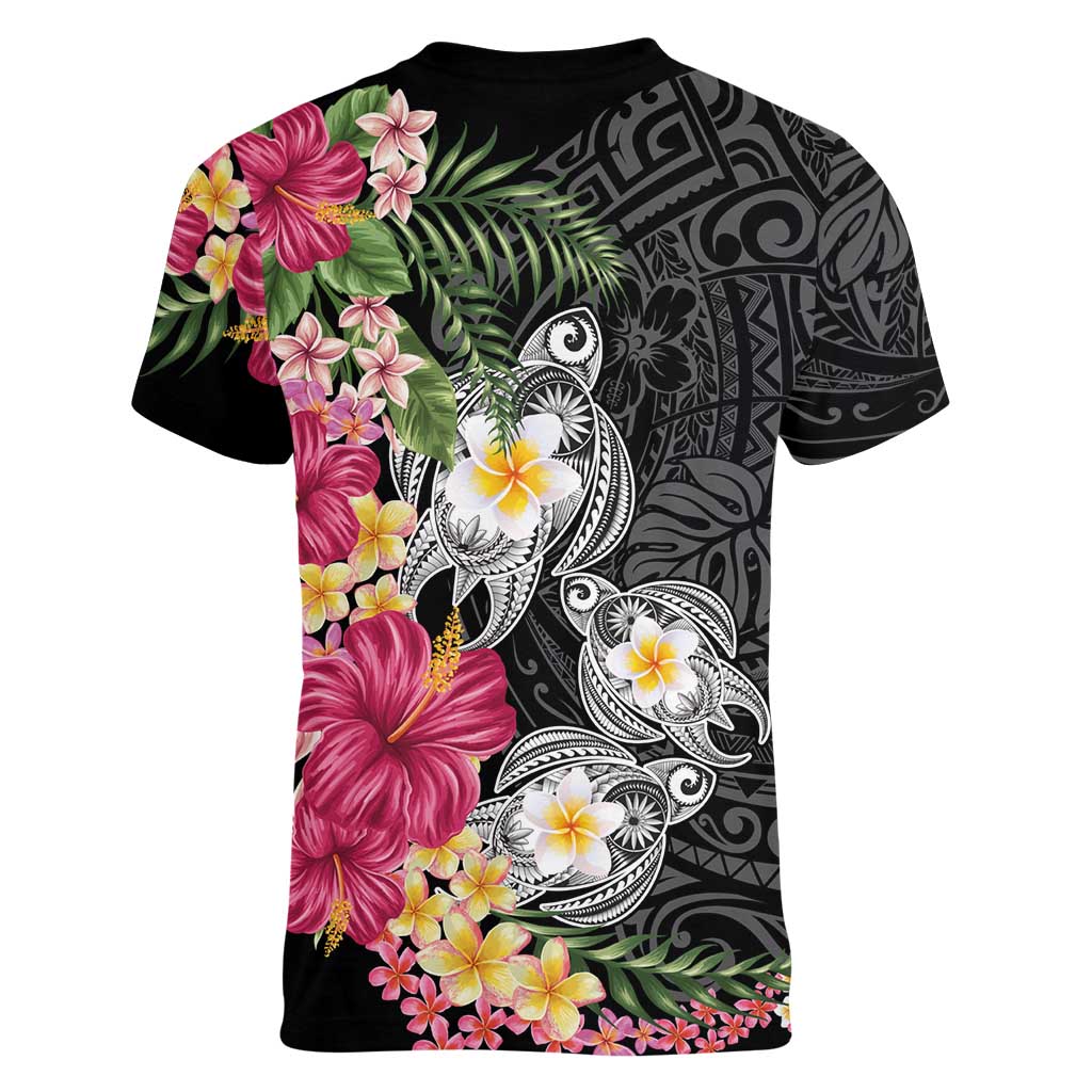 Hawaiian Tropical Flowers and Tribal Turtles Women V-Neck T-Shirt Polynesian Art Motifs Black Color LT03 - Polynesian Pride