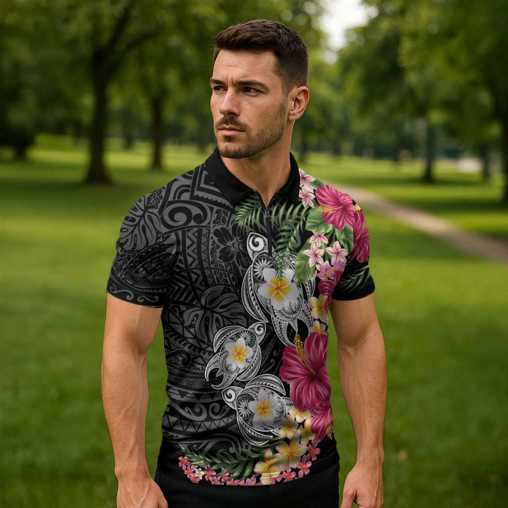 Hawaiian Tropical Flowers and Tribal Turtles Zipper Polo Shirt Polynesian Art Motifs Black Color LT03 - Polynesian Pride
