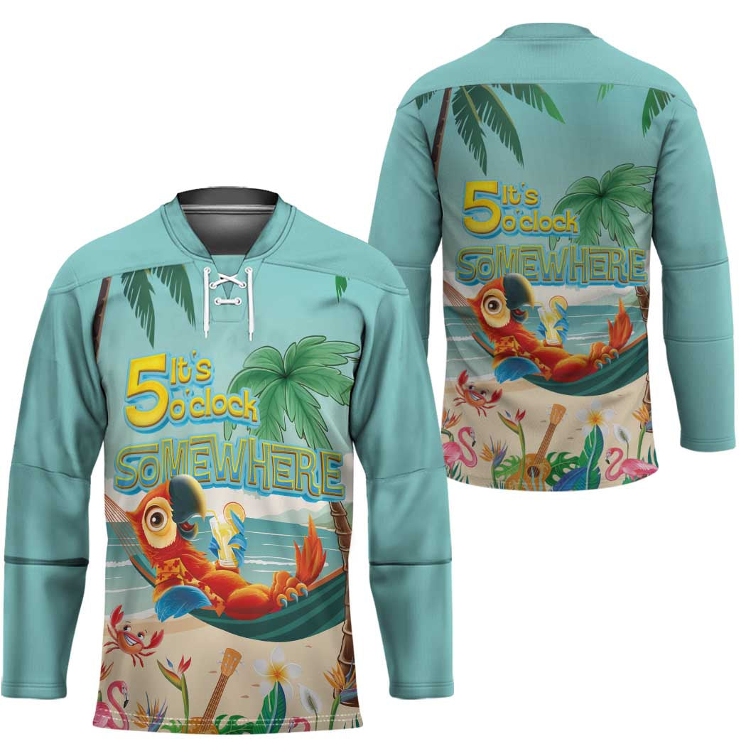 Aloha Hawaii It's 5 o'clock Somewhere Hockey Jersey Chill Parrot on Beach with Tropical Plants - Polynesian Pride
