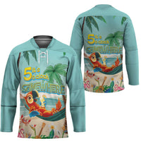 Aloha Hawaii It's 5 o'clock Somewhere Hockey Jersey Chill Parrot on Beach with Tropical Plants - Polynesian Pride