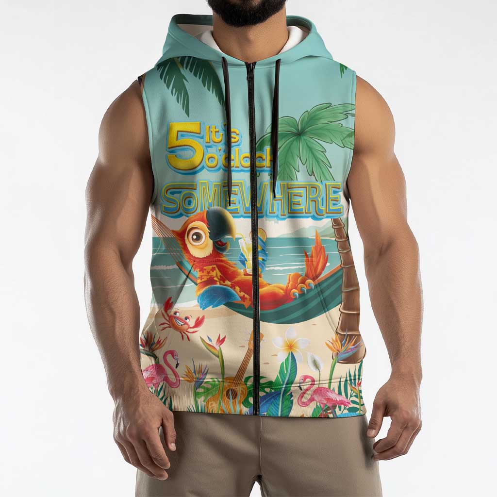 Aloha Hawaii It's 5 o'clock Somewhere Sleeveless Zip Hoodie Chill Parrot on Beach with Tropical Plants LT03 - Polynesian Pride