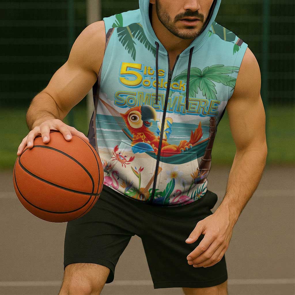 Aloha Hawaii It's 5 o'clock Somewhere Sleeveless Zip Hoodie Chill Parrot on Beach with Tropical Plants LT03 - Polynesian Pride