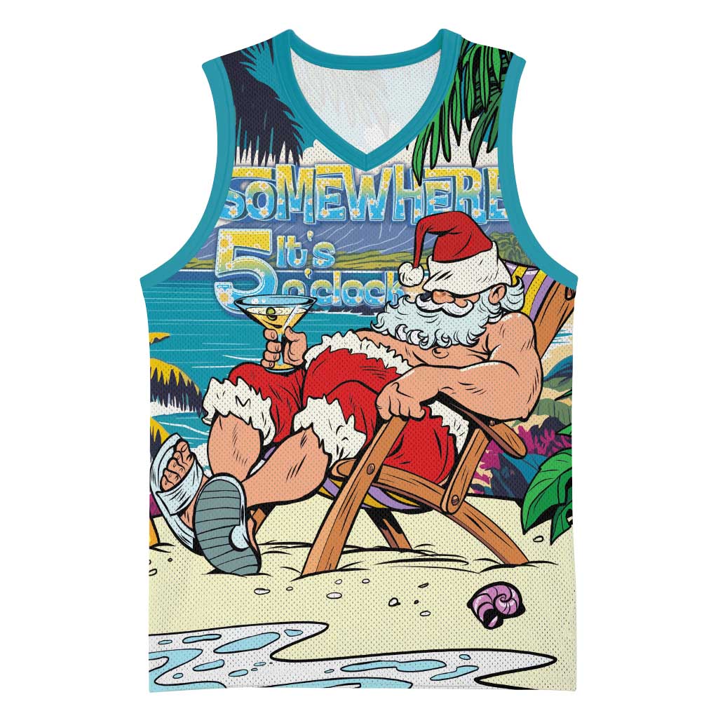 Mele Kalikimaka Hawaii It's 5 o'clock Somewhere Basketball Jersey Funny Lazy Santa Claus Chilling with Cocktail LT03 Unisex Multicolor - Polynesian Pride