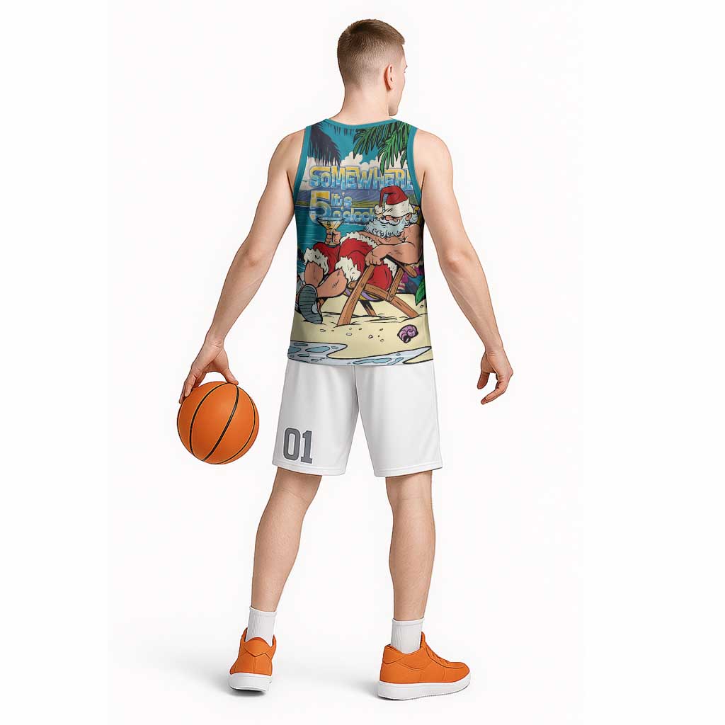 Mele Kalikimaka Hawaii It's 5 o'clock Somewhere Basketball Jersey Funny Lazy Santa Claus Chilling with Cocktail LT03 - Polynesian Pride