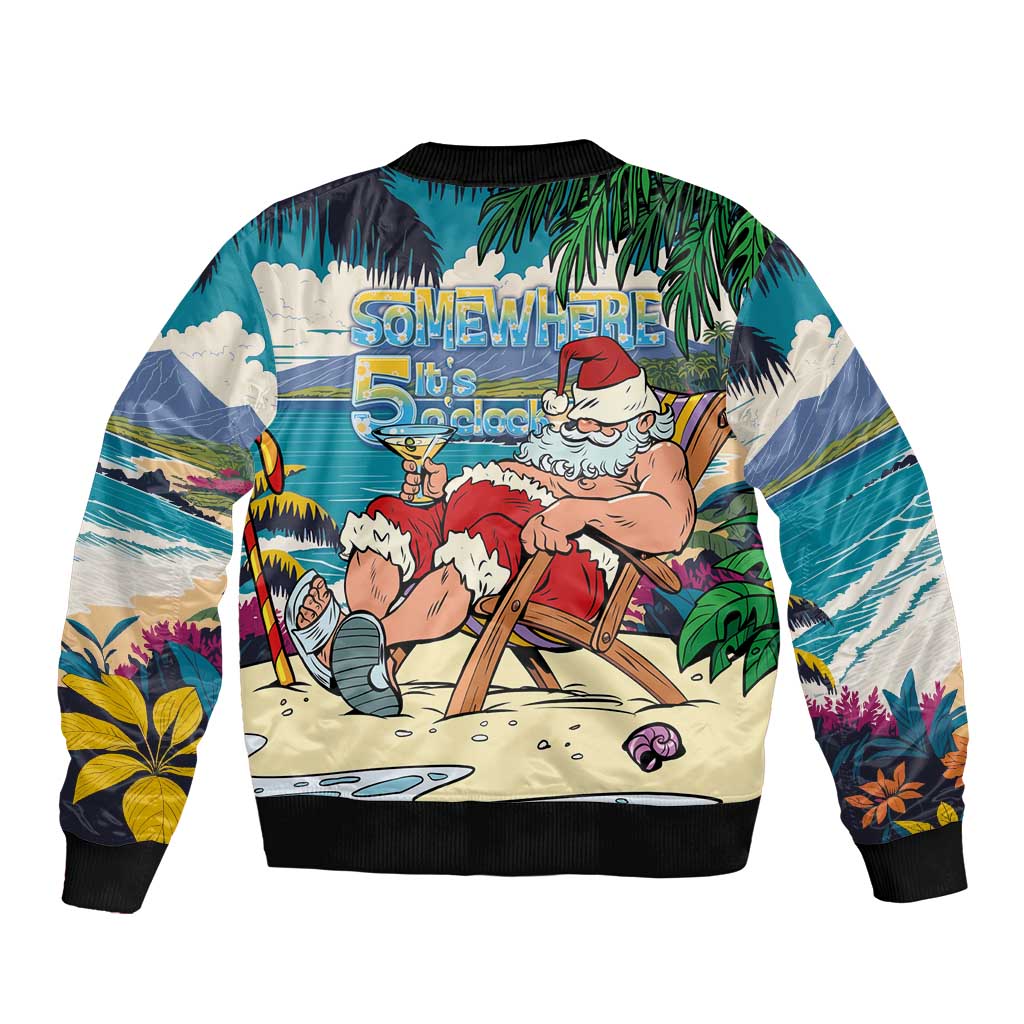 Mele Kalikimaka Hawaii It's 5 o'clock Somewhere Bomber Jacket Funny Lazy Santa Claus Chilling with Cocktail LT03 - Polynesian Pride