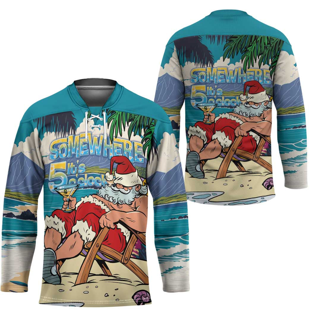 Mele Kalikimaka Hawaii It's 5 o'clock Somewhere Hockey Jersey Funny Lazy Santa Claus Chilling with Cocktail LT03 - Polynesian Pride