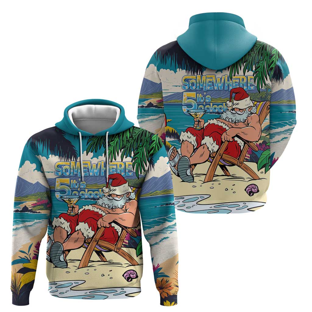 Mele Kalikimaka Hawaii It's 5 o'clock Somewhere Hoodie Funny Lazy Santa Claus Chilling with Cocktail LT03 - Polynesian Pride