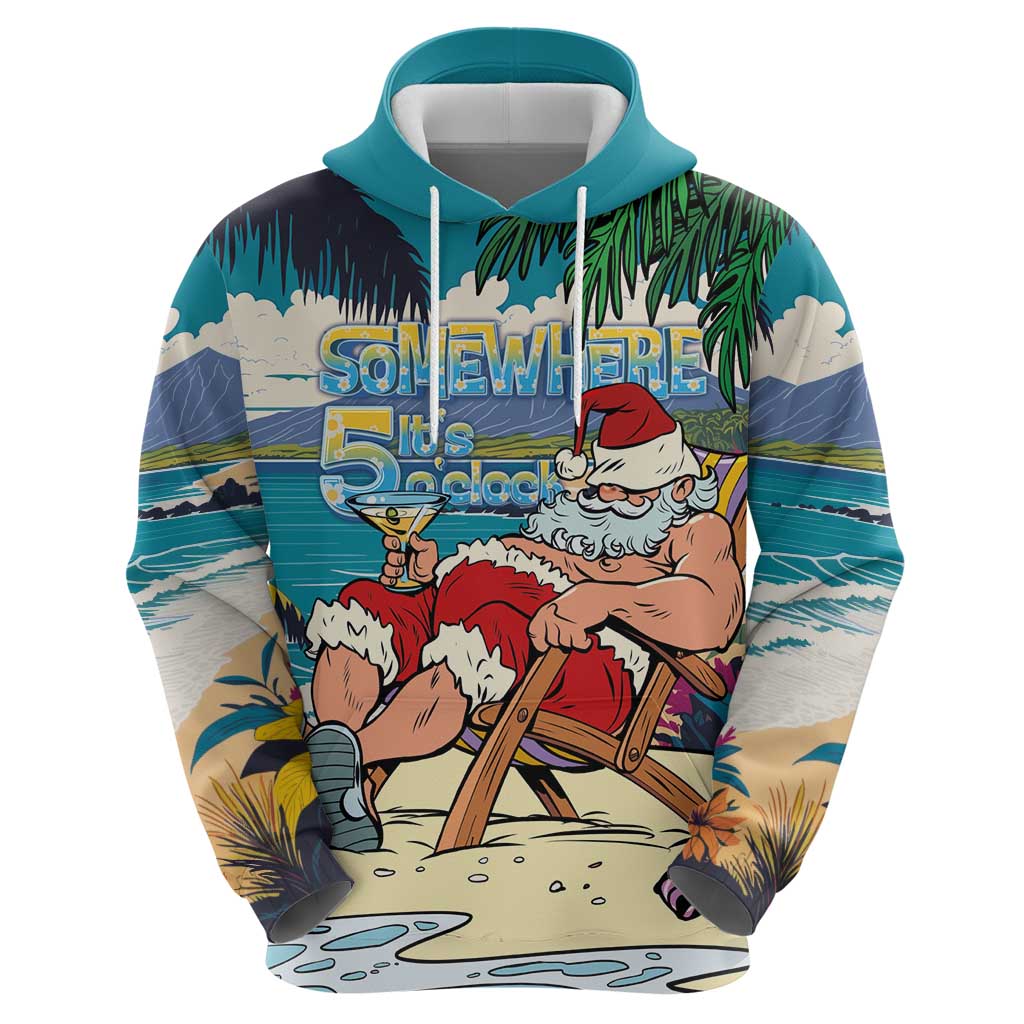 Mele Kalikimaka Hawaii It's 5 o'clock Somewhere Hoodie Funny Lazy Santa Claus Chilling with Cocktail LT03 - Polynesian Pride
