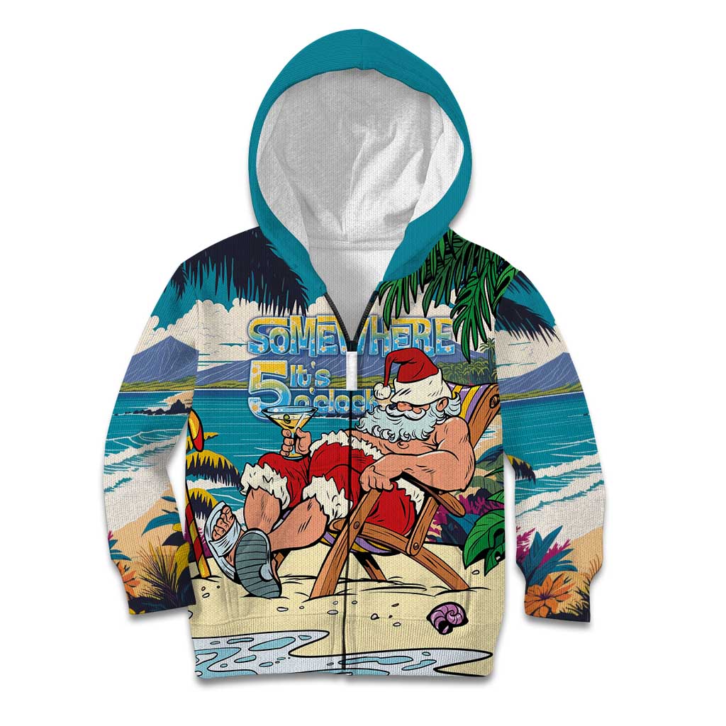 Mele Kalikimaka Hawaii It's 5 o'clock Somewhere Kid Hoodie Funny Lazy Santa Claus Chilling with Cocktail LT03 Zip Hoodie Multicolor - Polynesian Pride