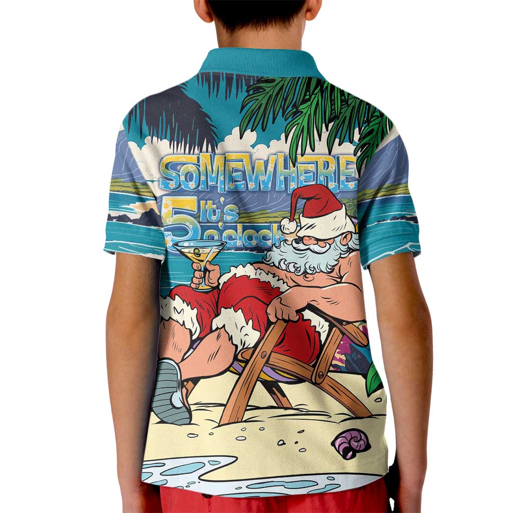Mele Kalikimaka Hawaii It's 5 o'clock Somewhere Kid Polo Shirt Funny Lazy Santa Claus Chilling with Cocktail LT03 - Polynesian Pride