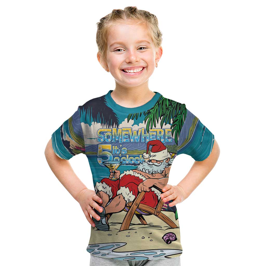Mele Kalikimaka Hawaii It's 5 o'clock Somewhere Kid T Shirt Funny Lazy Santa Claus Chilling with Cocktail LT03 Multicolor - Polynesian Pride