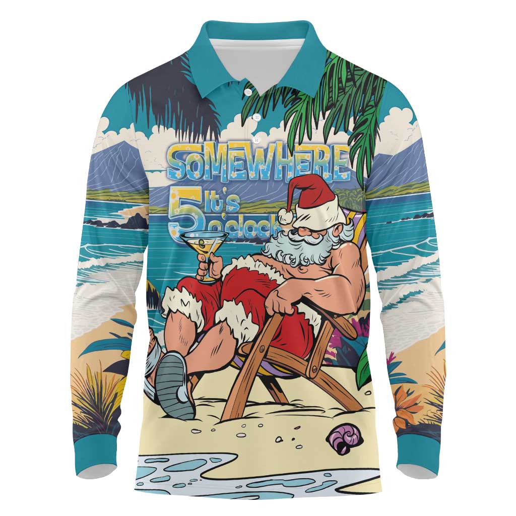 Mele Kalikimaka Hawaii It's 5 o'clock Somewhere Long Sleeve Polo Shirt Funny Lazy Santa Claus Chilling with Cocktail LT03 Multicolor - Polynesian Pride