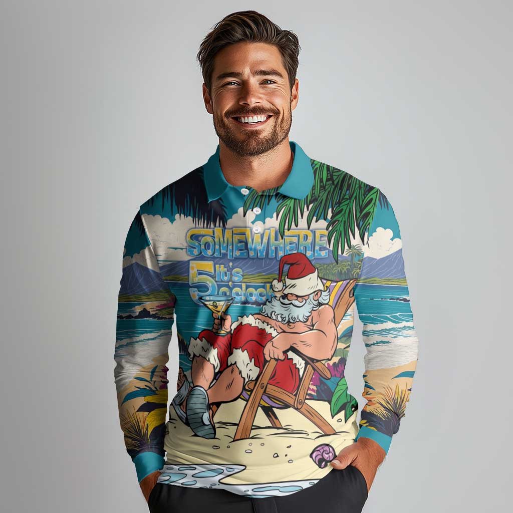 Mele Kalikimaka Hawaii It's 5 o'clock Somewhere Long Sleeve Polo Shirt Funny Lazy Santa Claus Chilling with Cocktail LT03 - Polynesian Pride