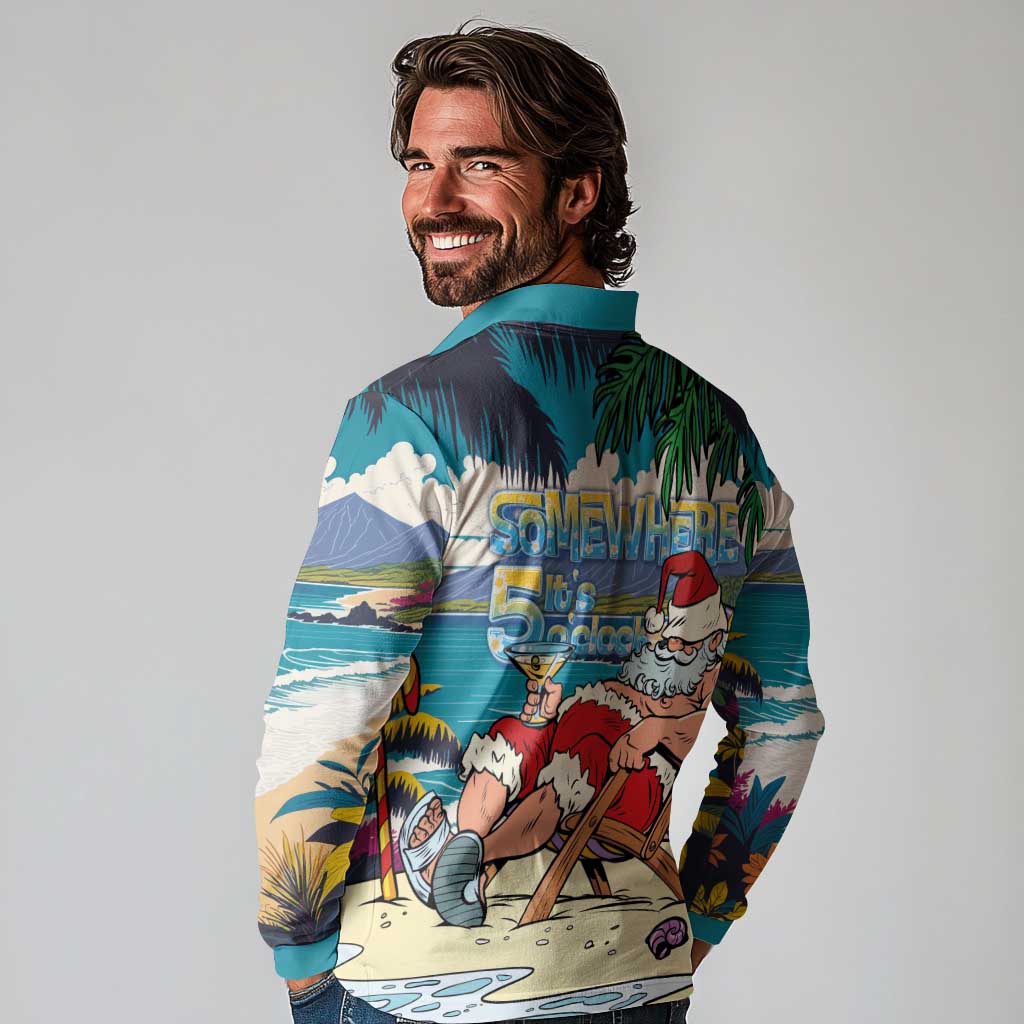 Mele Kalikimaka Hawaii It's 5 o'clock Somewhere Long Sleeve Polo Shirt Funny Lazy Santa Claus Chilling with Cocktail LT03 - Polynesian Pride