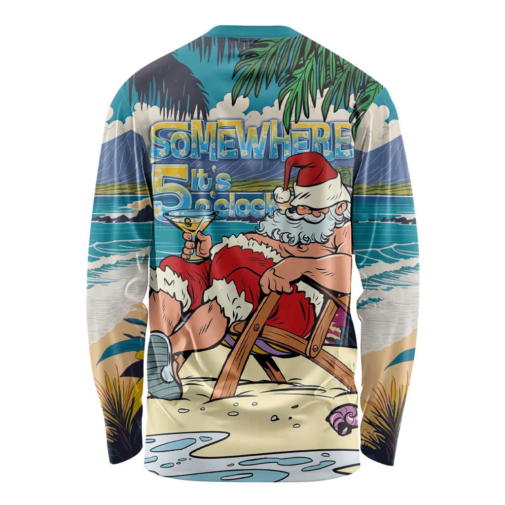 Mele Kalikimaka Hawaii It's 5 o'clock Somewhere Long Sleeve Shirt Funny Lazy Santa Claus Chilling with Cocktail LT03 - Polynesian Pride
