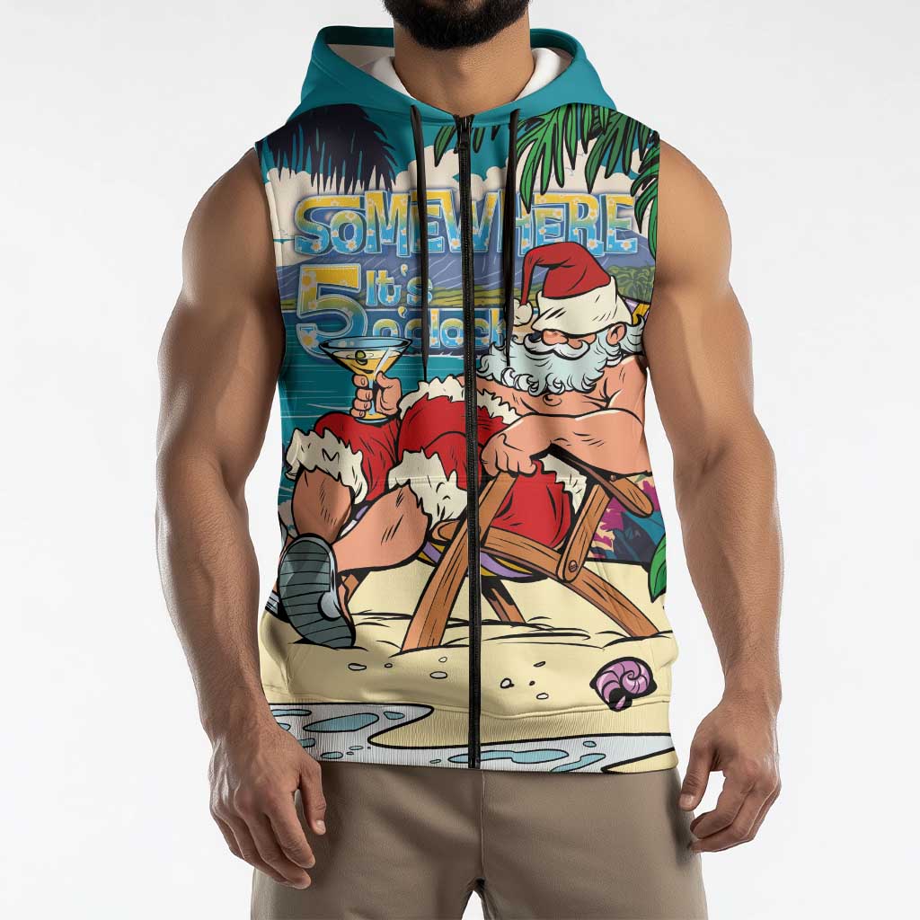 Mele Kalikimaka Hawaii It's 5 o'clock Somewhere Sleeveless Zip Hoodie Funny Lazy Santa Claus Chilling with Cocktail LT03 - Polynesian Pride