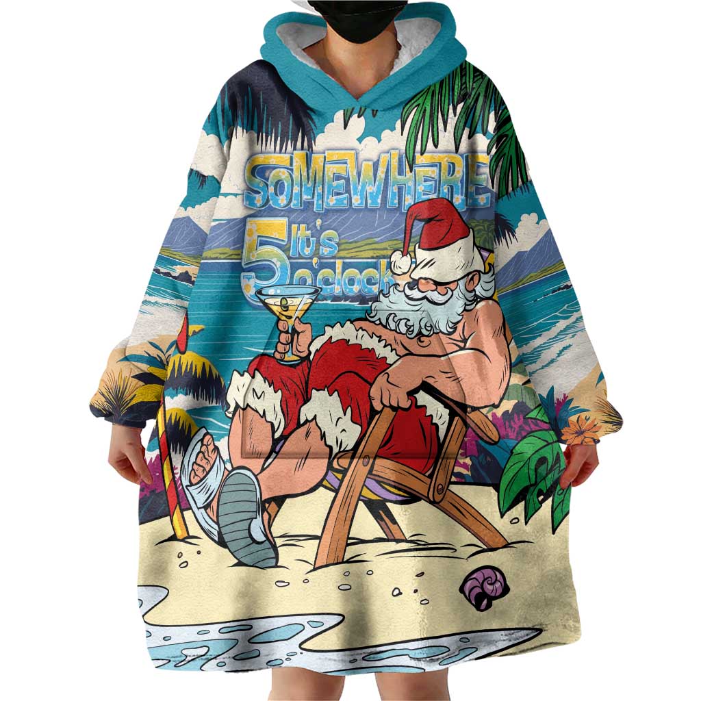 Mele Kalikimaka Hawaii It's 5 o'clock Somewhere Wearable Blanket Hoodie Funny Lazy Santa Claus Chilling with Cocktail LT03 - Polynesian Pride