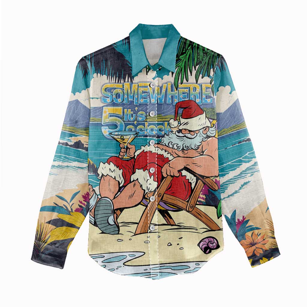 Mele Kalikimaka Hawaii It's 5 o'clock Somewhere Women Casual Shirt Funny Lazy Santa Claus Chilling with Cocktail LT03 - Polynesian Pride