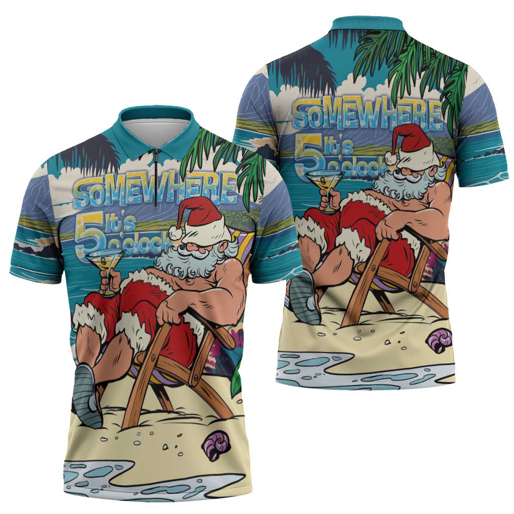 Mele Kalikimaka Hawaii It's 5 o'clock Somewhere Zipper Polo Shirt Funny Lazy Santa Claus Chilling with Cocktail LT03 - Polynesian Pride