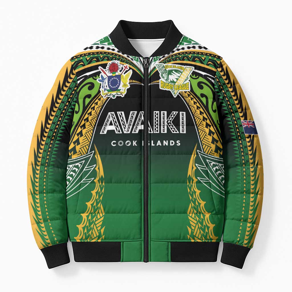 Custom Cook Islands Rugby League Bomber Puffer Jacket Avaiki Tatau Tribal Motifs Black Color LT03 Unisex Black - Polynesian Pride