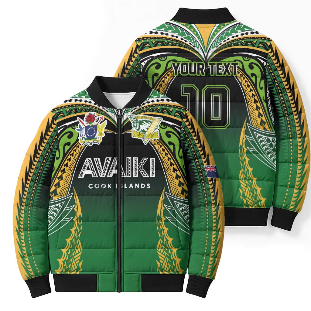 Custom Cook Islands Rugby League Bomber Puffer Jacket Avaiki Tatau Tribal Motifs Black Color LT03 - Polynesian Pride