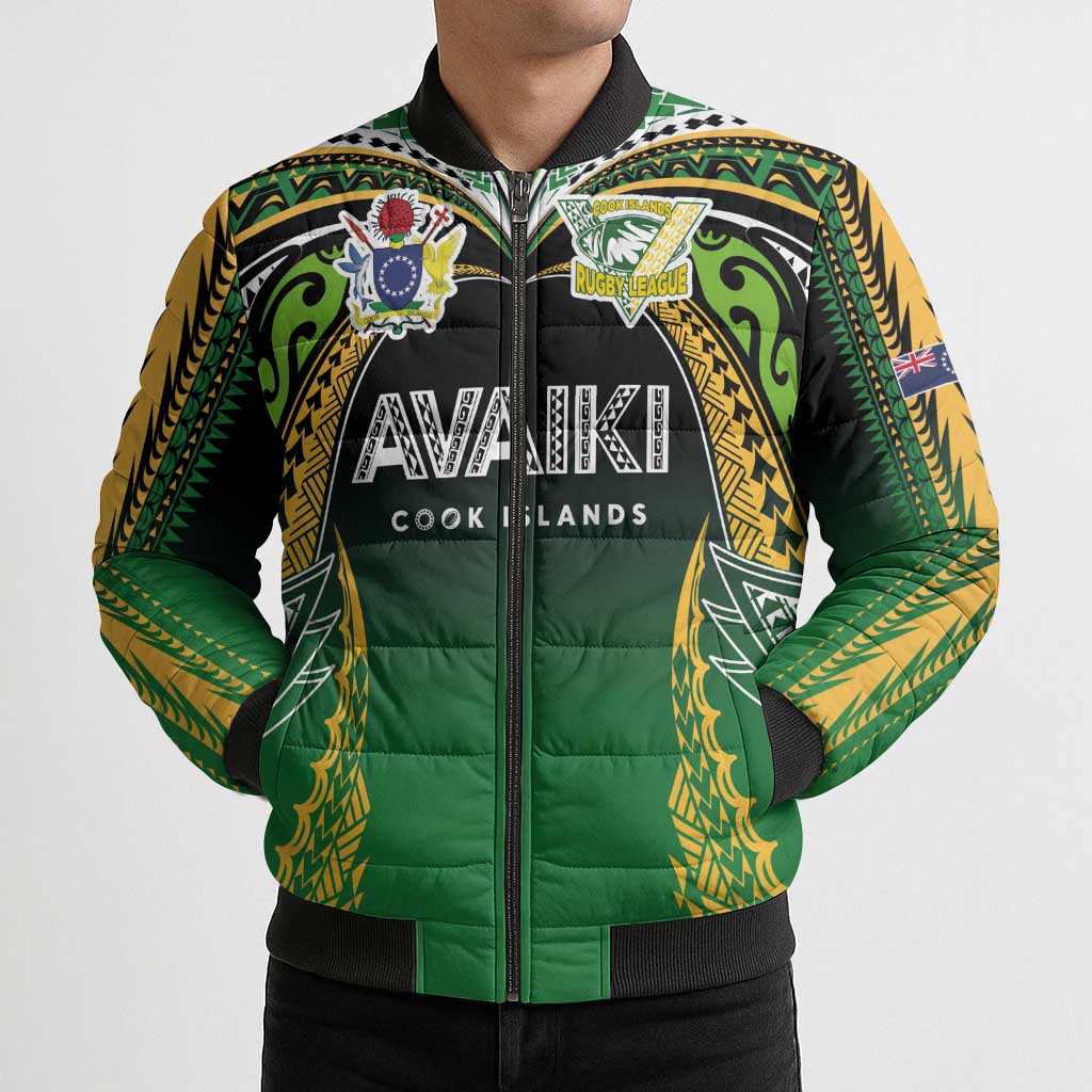 Custom Cook Islands Rugby League Bomber Puffer Jacket Avaiki Tatau Tribal Motifs Black Color LT03 - Polynesian Pride
