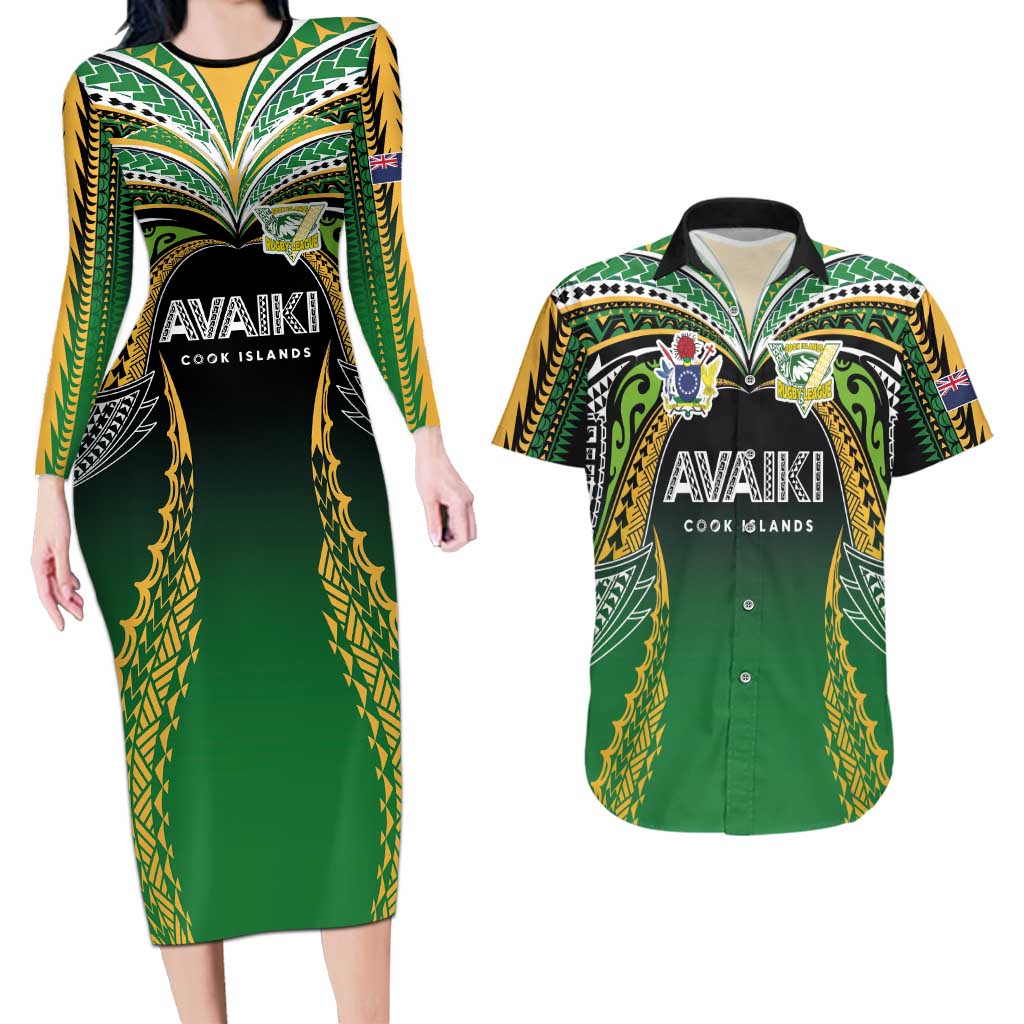 Custom Cook Islands Rugby League Couples Matching Long Sleeve Bodycon Dress and Hawaiian Shirt Avaiki Tatau Tribal Motifs Black Color LT03 Black - Polynesian Pride