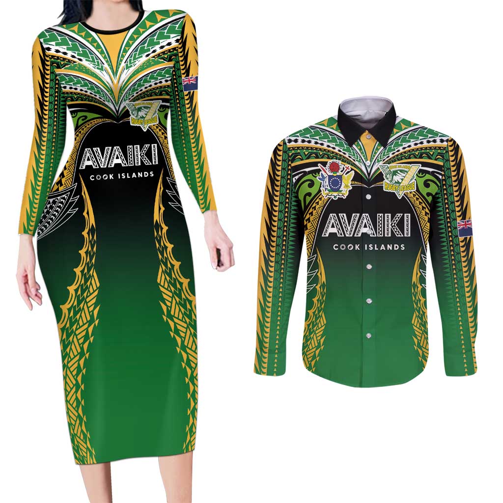 Custom Cook Islands Rugby League Couples Matching Long Sleeve Bodycon Dress and Long Sleeve Button Shirt Avaiki Tatau Tribal Motifs Black Color LT03 Black - Polynesian Pride