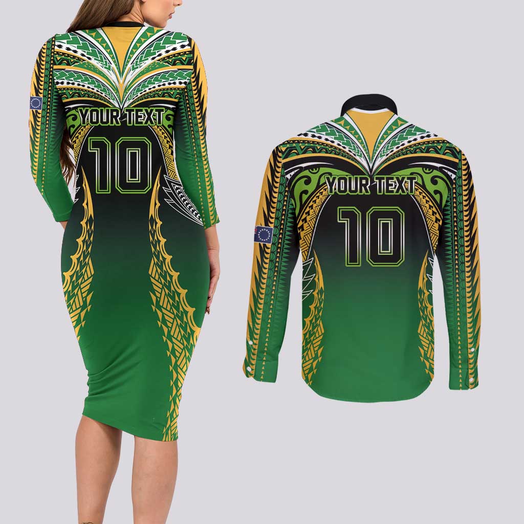 Custom Cook Islands Rugby League Couples Matching Long Sleeve Bodycon Dress and Long Sleeve Button Shirt Avaiki Tatau Tribal Motifs Black Color LT03 - Polynesian Pride
