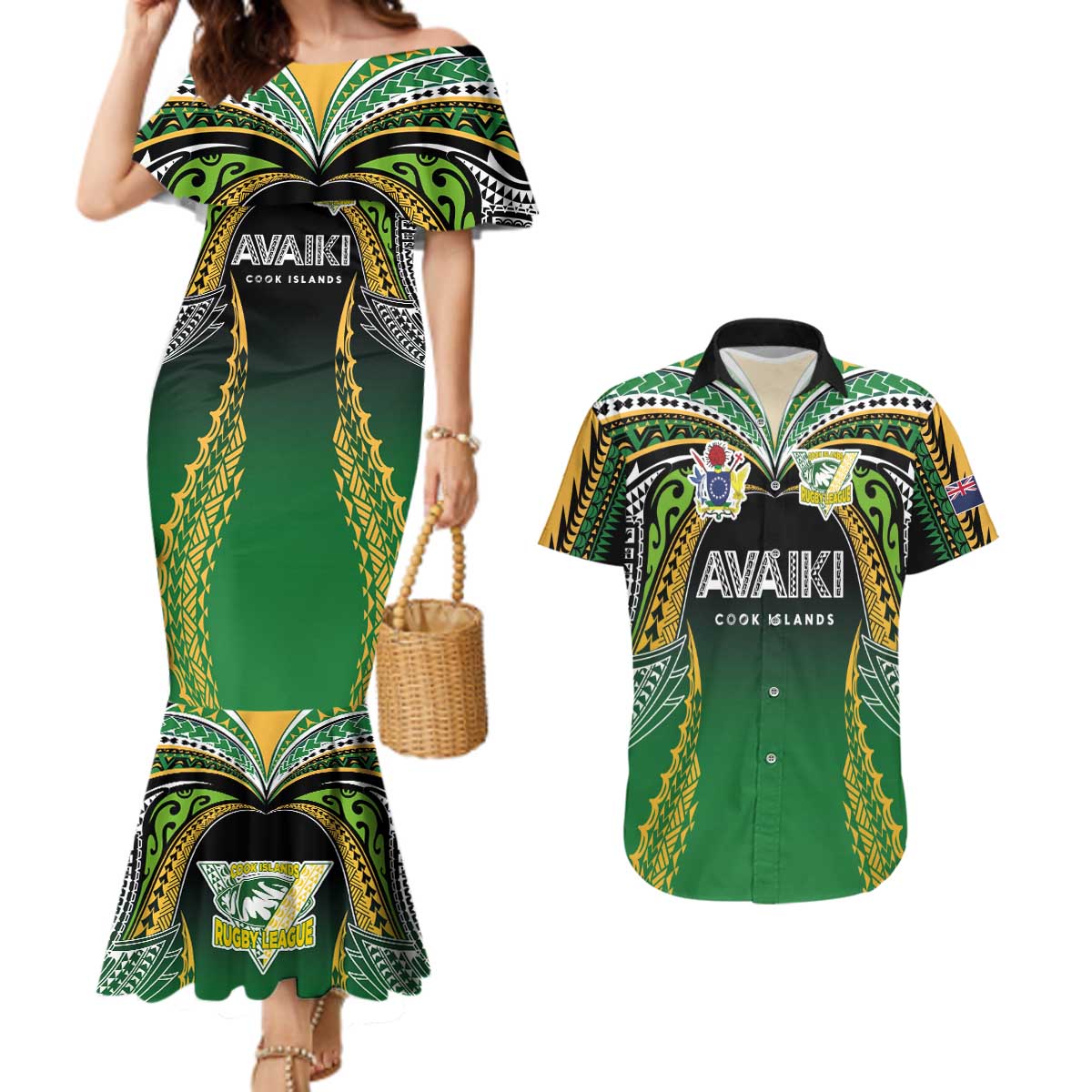 Custom Cook Islands Rugby League Couples Matching Mermaid Dress and Hawaiian Shirt Avaiki Tatau Tribal Motifs Black Color - Polynesian Pride