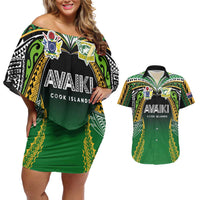 Custom Cook Islands Rugby League Couples Matching Off Shoulder Short Dress and Hawaiian Shirt Avaiki Tatau Tribal Motifs Black Color LT03 Black - Polynesian Pride