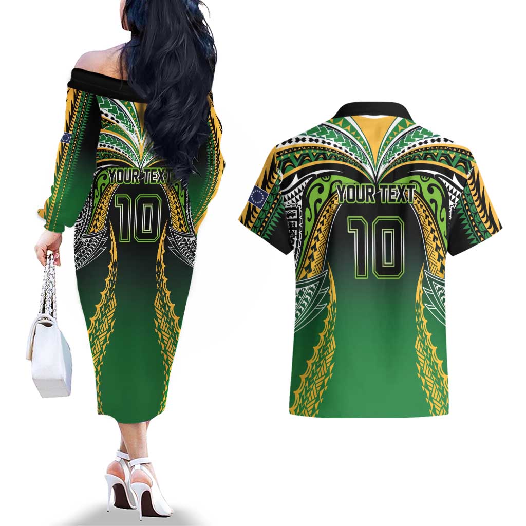 Custom Cook Islands Rugby League Couples Matching Off The Shoulder Long Sleeve Dress and Hawaiian Shirt Avaiki Tatau Tribal Motifs Black Color LT03 - Polynesian Pride