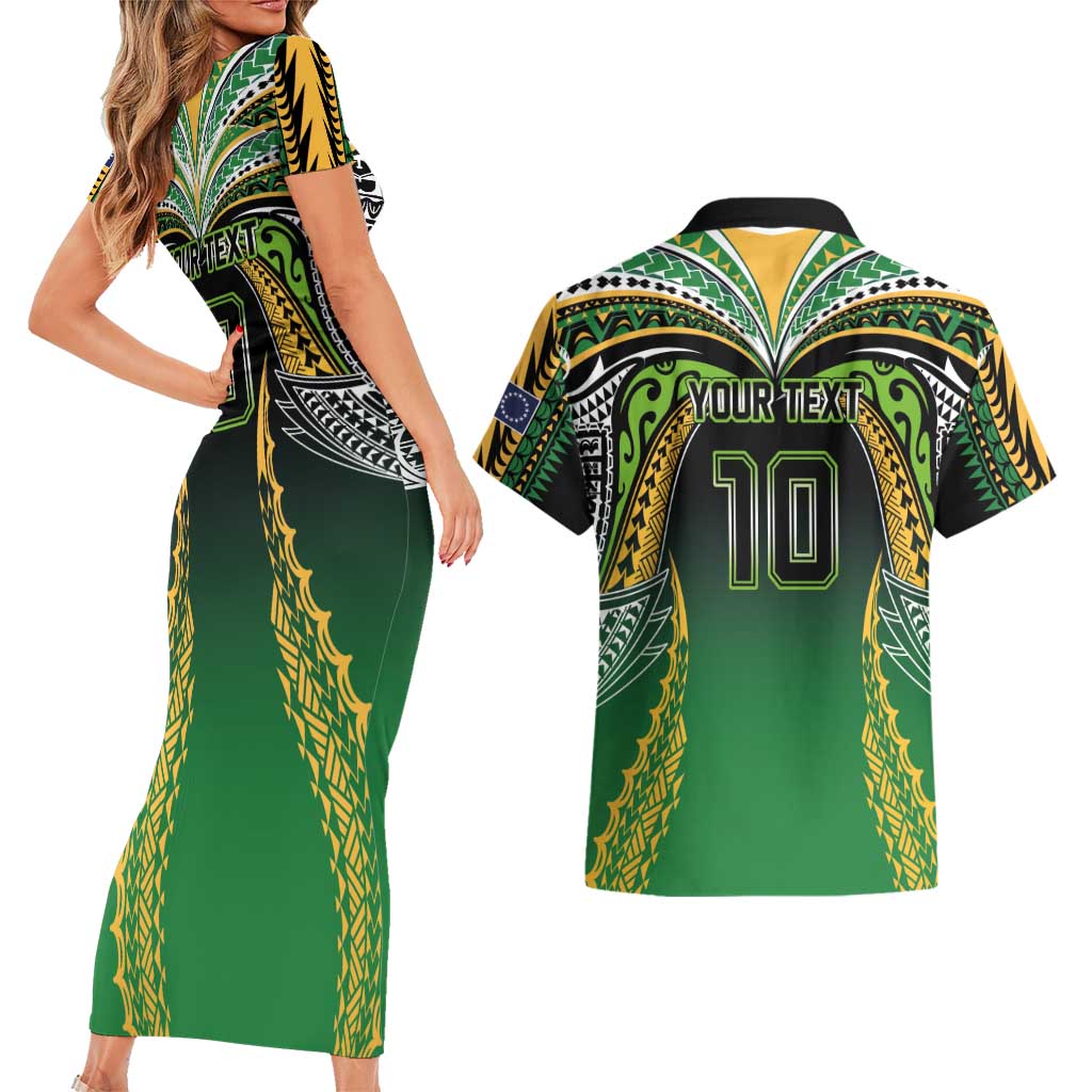 Custom Cook Islands Rugby League Couples Matching Short Sleeve Bodycon Dress and Hawaiian Shirt Avaiki Tatau Tribal Motifs Black Color LT03 - Polynesian Pride