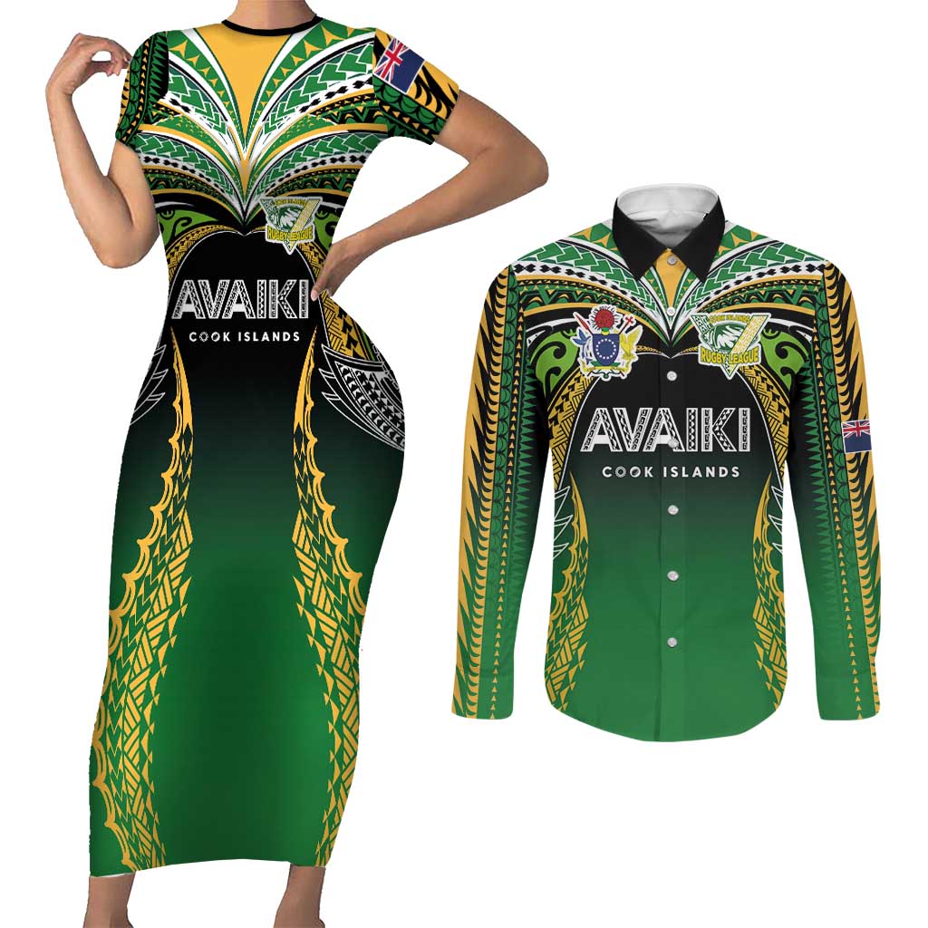 Custom Cook Islands Rugby League Couples Matching Short Sleeve Bodycon Dress and Long Sleeve Button Shirt Avaiki Tatau Tribal Motifs Black Color LT03 Black - Polynesian Pride