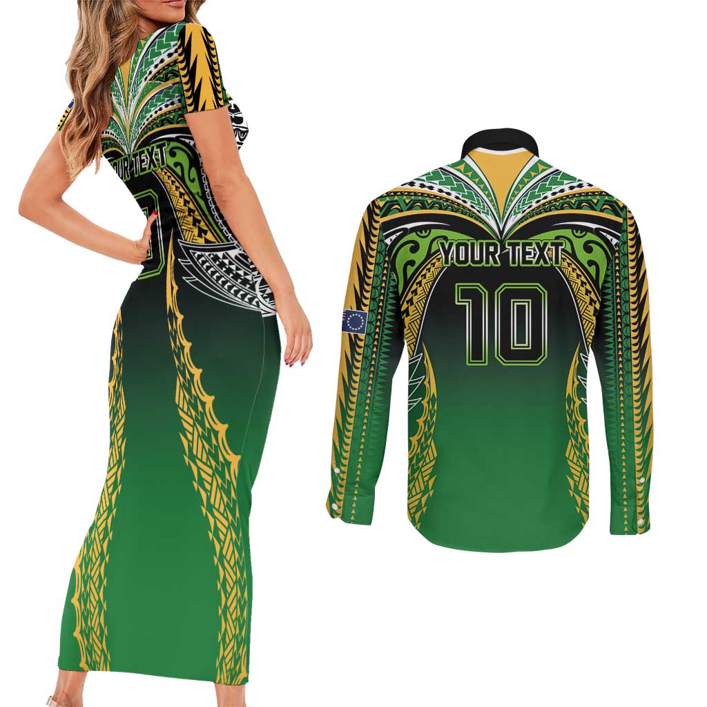 Custom Cook Islands Rugby League Couples Matching Short Sleeve Bodycon Dress and Long Sleeve Button Shirt Avaiki Tatau Tribal Motifs Black Color LT03 - Polynesian Pride
