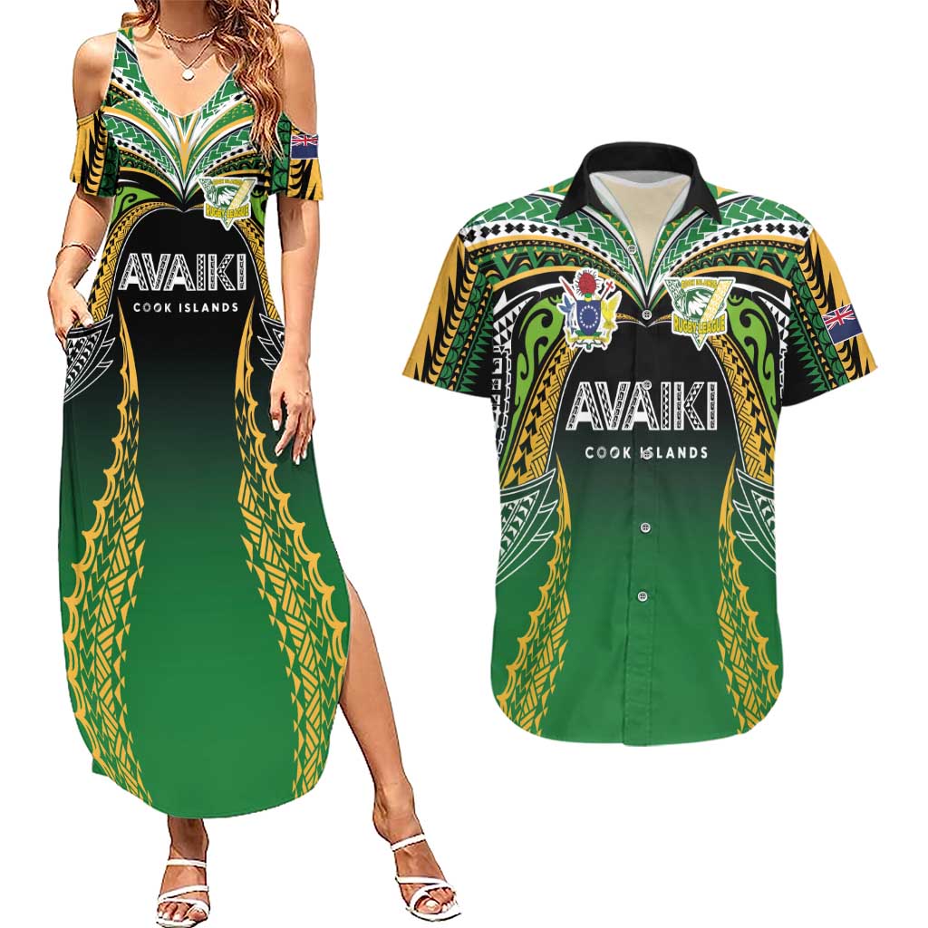 Custom Cook Islands Rugby League Couples Matching Summer Maxi Dress and Hawaiian Shirt Avaiki Tatau Tribal Motifs Black Color - Polynesian Pride