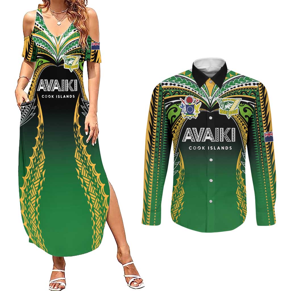 Custom Cook Islands Rugby League Couples Matching Summer Maxi Dress and Long Sleeve Button Shirt Avaiki Tatau Tribal Motifs Black Color LT03 Black - Polynesian Pride