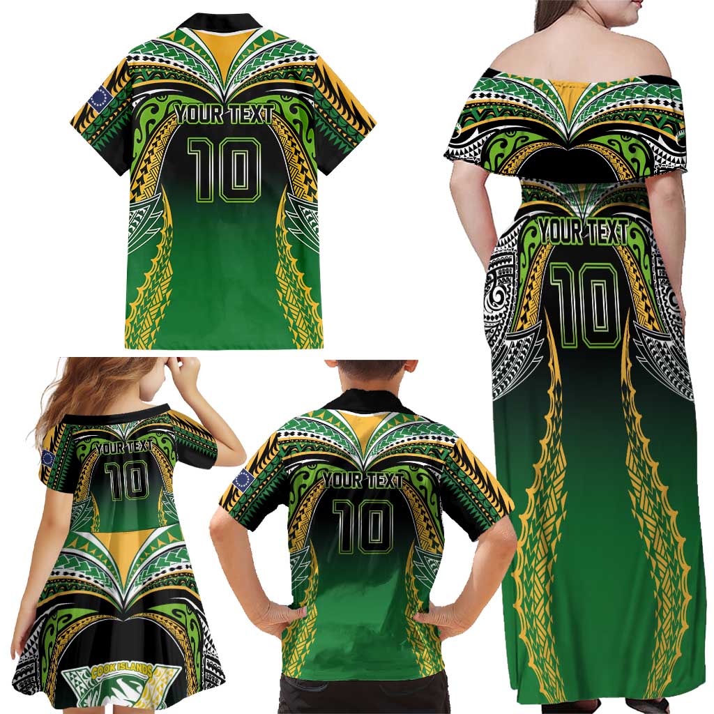 Custom Cook Islands Rugby League Family Matching Off Shoulder Maxi Dress and Hawaiian Shirt Avaiki Tatau Tribal Motifs Black Color LT03 - Polynesian Pride