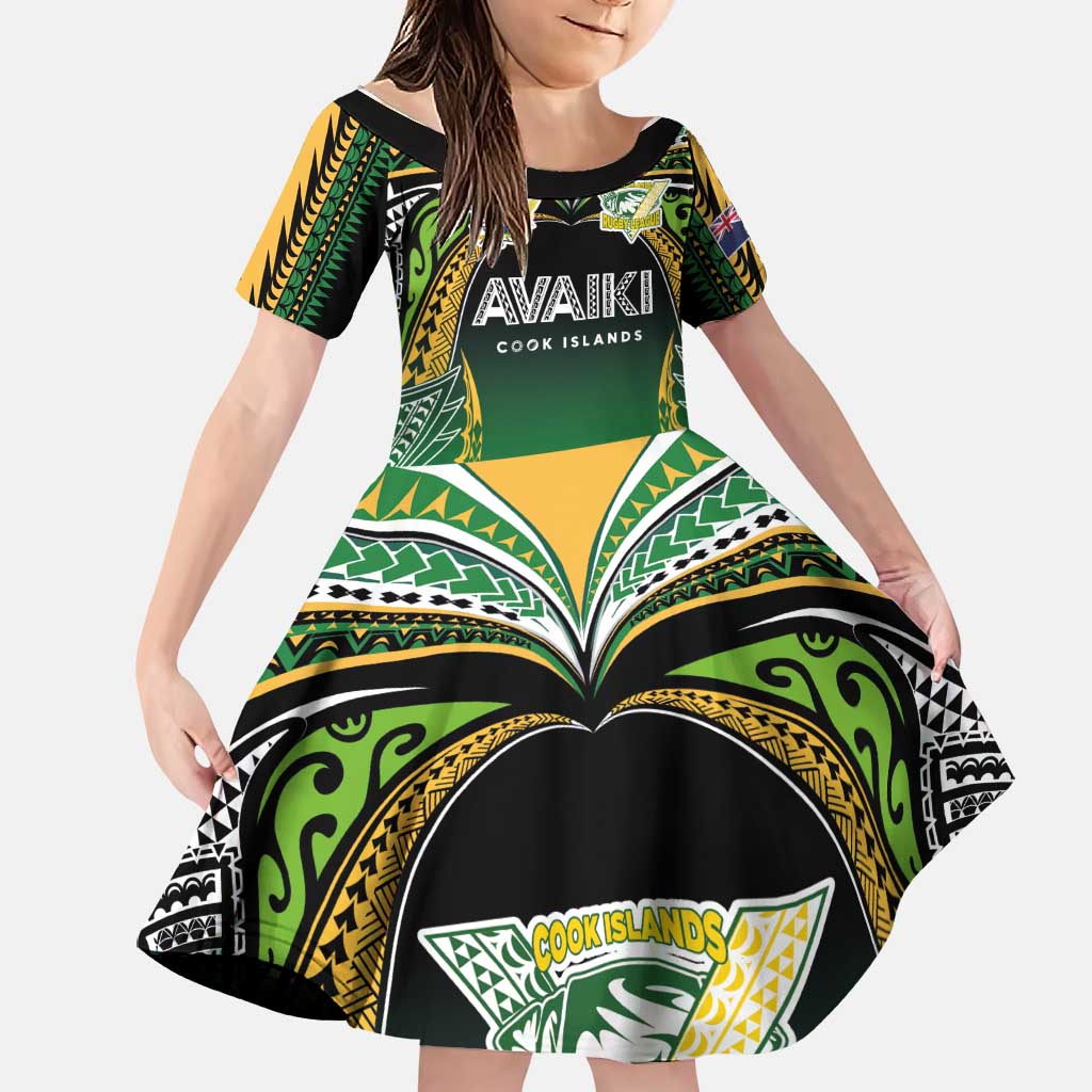 Custom Cook Islands Rugby League Family Matching Off Shoulder Short Dress and Hawaiian Shirt Avaiki Tatau Tribal Motifs Black Color LT03 Daughter's Dress Black - Polynesian Pride