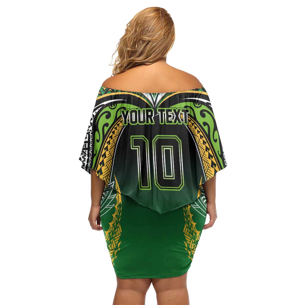 Custom Cook Islands Rugby League Family Matching Off Shoulder Short Dress and Hawaiian Shirt Avaiki Tatau Tribal Motifs Black Color LT03 - Polynesian Pride