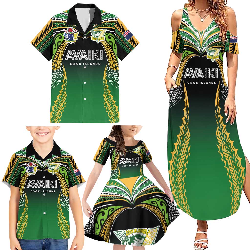 Custom Cook Islands Rugby League Family Matching Summer Maxi Dress and Hawaiian Shirt Avaiki Tatau Tribal Motifs Black Color LT03 - Polynesian Pride